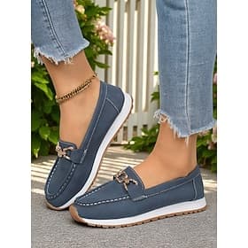 Mocasines de mujer con hebilla dorada: zapatos planos informales sin cordones para paseos por el jardín, brunch y recados diarios.