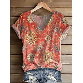 Damen T Shirt Druck Blumen Grafik Pflanzen Bohemien Vintage Stilvoll Kurzarm V Ausschnitt Normale Oberteile Täglich Ausgehen Wochenende Blau Schwarz Weiß Rote