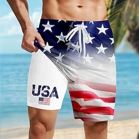 Independence Day Men's Patriotic USA Flag Fourth of July Lined Shorts 2 in 1 Board Shorts Swim Trunks Mid Waist Holiday Side Pockets With Compression Liner Ela