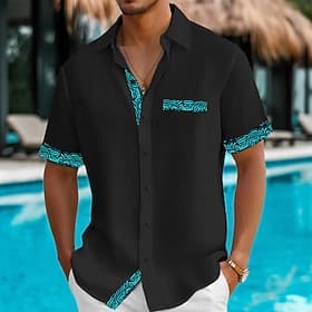 Men's Shirt Linen Shirt Summer Shirt Beach Shirt Button Up Shirt Tribal Casual Holiday Black White Sky Blue Green Short Sleeve Turndown Summer Clothing Apparel