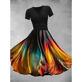 Women's Midi Dress A Line Dress Summer Dress Fit And Flare Dress Party Casual Daily Holiday Regular Fit Graphic Color Block Abstract Short Sleeve V Neck Black