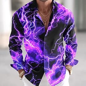 Men's Lightning Neon Glow Shirt Button Up Shirt Long Sleeve Cyberpunk Vacation Daily Streetwear Summer Spring Turndown 3D Print Collared Shirts Purple