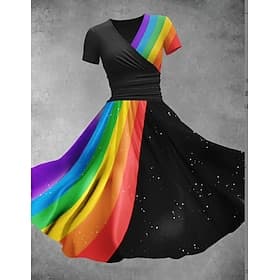 Women's Midi Dress A Line Dress Summer Dress Fit And Flare Dress Party Casual Daily Holiday Regular Fit Graphic Geometric Color Block Short Sleeve V Neck Black