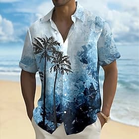 Herren Kokospalme Tropische Pflanzen Sommer Hawaiihemd Knopfhemd Alohahemd Kurzarm Hawaiianisch Ferien Strandbekleidung Sommer Frühling Umlegekragen 3D-Druck H