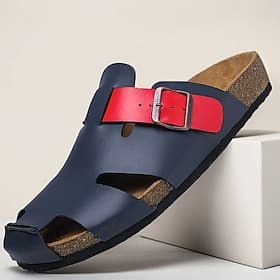 Sandalias de piel sintética con plantilla de corcho y correa de hebilla ajustable para hombre, color azul marino, para verano informal y relajación al aire lib