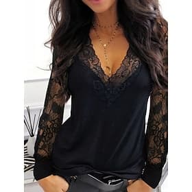Women's Lace Shirt Lace Patchwork Solid Color Elegant Stylish Casual Long Sleeve V Neck Regular Tops Daily Black Wine Navy Blue Summer Spring