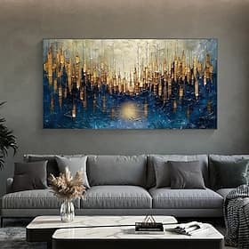 Stort originalt gulloljemaleri på lerret, abstrakt minimalistisk blå teksturert veggkunst, spesiallaget maleri, bohemsk veggdekor, veggdekor i stue