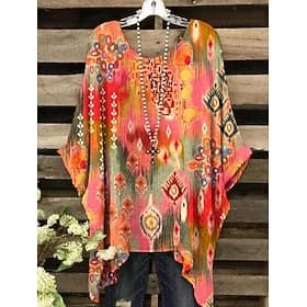 Women's Boho Shirt Graphic Abstract Elegant Bohemia Active Short Sleeve Batwing Sleeve Crew Neck Regular Tops Daily Holiday Beach Wear Blue Yellow Purple Fuchs