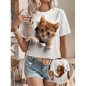 Women's T Shirt Print Graphic Animal Cat Vintage Stylish Classic Short Sleeve Crew Neck Round Neck Regular Tops Daily Weekend Blue White Gold Green Gray Summer