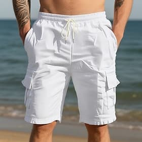 Men's Cotton Linen Shorts Cargo Shorts Shorts Summer Shorts Drawstring Elastic Waist Multi Pocket Plain Comfort Wearable Knee Length Outdoor Sport Daily Fashio