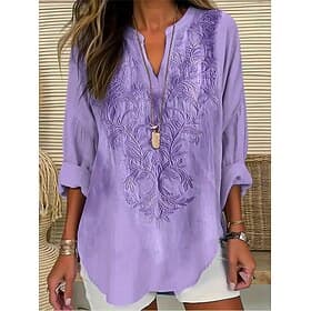 Women's Blouse Linen Like Breathable Lightweight Tunic V Neck Long Sleeve Boho Casual Summer Tops Floral Graphic Daily Regular Tops Daily Print Black White Pin