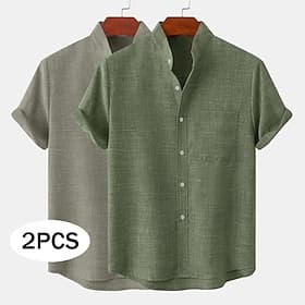 Men's Linen Shirt Summer Shirt Beach Wear Casual Shirt Band Collar Shirt Plain Casual Beach WhiteYellow PinkYellow WhiteGreen GrayPink Short Sleeve Mandarin Co