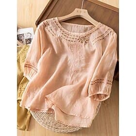 Femmes Chemise Coton mélangé Chemisier Dentelle Patchwork Couleur Unie Basique Occasionnel Manche 3/4 Col ras du cou Hauts Réguliers Quotidien Rose pâle Noir J