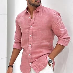 Men's Shirt Linen Shirt Summer Shirt Beach Wear Button Up Shirt Plain Vacation Casual Black White Light Green Pink Long Sleeve Turndown Spring Summer Clothing