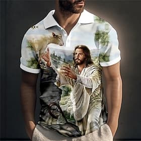 Men's Jesus Christian Polo Shirts Golf Shirt Short Sleeve Polo Shirts Collared Shirts Vintage Casual Vacation Wear Festival Wear Party Outfits 3D Print Buttons
