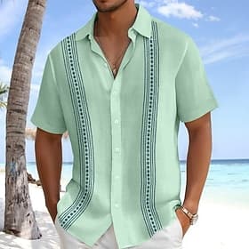 Men's Shirt Linen Shirt Guayabera Shirt Summer Shirt Beach Wear Plain Casual Daily Blue White Green Gray Short Sleeve Lapel Summer Spring Summer Clothing Appa