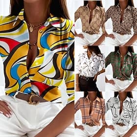 Women's Shirt Blouse Buttons Print Flower Modern Casual Long Sleeve Shirt Collar Regular Tops Daily Holiday White Yellow Light Brown Beige Summer