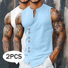 Men's Shirt Linen Shirt Summer Shirt Beach Shirt Vintage Shirt Sleeveless Shirt Plain Daily Streetwear WhiteKhaki KhakiBlack BlueKhaki WhiteBlack Sleeveless Ma