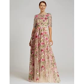 A-Linie Kleid Bodenlang Kleid für Hochzeitsgäste Abendkleid Brautmutterkleid Halbarm Illusionsausschnitt Elegant Vintage Formell Tüll mit Stickerei Applikation
