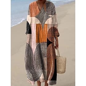 Robe mi-longue femme à col en V manches longues caftan léger coupe ample robe évasée décontractée boho sortie graphique géométrique manches longues col en V ja