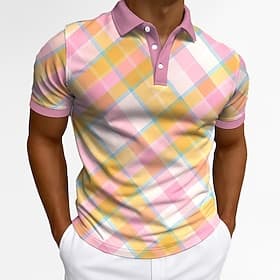 Men's Polo Casual Business Turndown Short Sleeve Fashion Leisure Geometric Plaid Buttons Summer Orange Polo