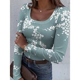 Women's T shirt Long Sleeve Ribbed Graphic Square Neck Long Sleeve Casual Floral Classic Regular Tops Daily Print Light Green Pink Red Blue Dusty Blue Spring F