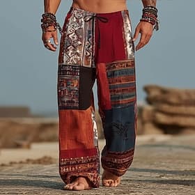 Men's Color Block Patchwork Trousers Casual Pants Baggy Pants Mid Waist Vintage Retro Outdoor Vacation Elastic Drawstring Waist Linen-Like Pants with Pockets S
