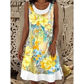 Women's Mini Dress T Shirt Dress Tee Dress Sundress A Line Dress Vacation Casual Daily Regular Fit Floral Graphic Sleeveless Crew Neck Yellow Blue Green Summer