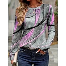 Damenshirt Langarm Rundhals Langarm Tunika Grafik Geometrisch Gestreift Vintage Stylisch Rundhals Reguläre Tops Täglicher Druck Lila Herbst Vorherherbst