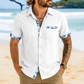 Homme Chemise Chemise en lin Chemise d'été Chemise de Plage Plaid Vacances Occasionnel Blanche Rose Claire bleu marine Bleu clair Manche Courte Col Été Vêtemen