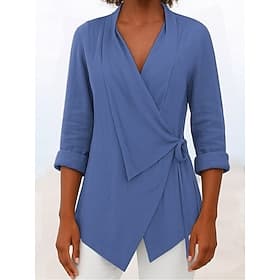 Women's Summer Shirt Casual Shirt Blouse Tie Front Solid Color Vacation Stylish Basic Long Sleeve V Neck Regular Tops Daily Beach Holiday Blue Black Pink Brown