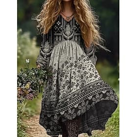 Robe Maxi Femme Boho Robe A Ligne Vacances Décontractée Sortie Plage Ajustement Ample Graphique Floral Paisley Manches Longues Col V Vert Foncé Noir Bordeaux É
