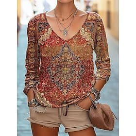 Women's Blouse Print Floral Ethnic Retro Vintage Long Sleeve V Neck Regular Tops Daily Holiday Blue Black Pink Wine Red Summer Spring Fall