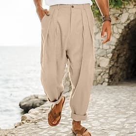 Men's Linen Pants Trousers Summer Pants Pleated Straight Leg Plain Comfort Breathable Full Length Outdoor Casual Daily Vacation Fashion Loose Fit Black White H