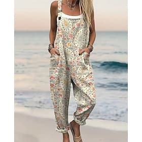 Women's Normal Jumpsuit Streetwear Floral Short Sleeve Wide Leg U Neck Pocket Print Street Daily Regular Fit Khaki Summer