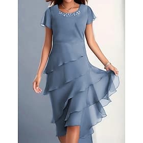Women's Midi Dress Chiffon Dress Graduation Dress Cocktail Dress Wedding Guest Dress Elegant Formal Wedding Guest Cocktail Party Regular Fit Short Sleeve Crew