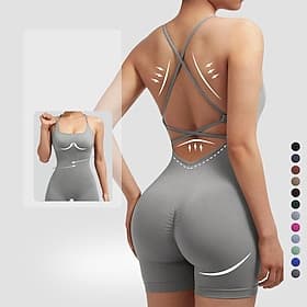 Women's Scrunch Yoga Romper Workout Jumpsuits Backless Solid Color Bodysuit Summer Dark Grey Black Gym Workout Volleyball Running High Waist Tummy Control Stre