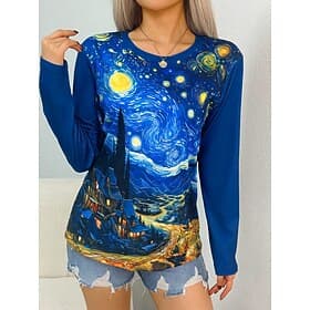 Women's T shirt Crew Neck Long Sleeve Tunic Graphic Abstract Vintage Stylish Classic Round Neck Regular Tops Daily Print Blue Fall
