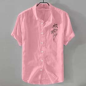 Hombre Camisa Camisa de lino Camisa de verano Camisa de playa Abotonar la camisa Árbol de coco Casual Vacaciones Azul Piscina Blanco Verde Claro Rosa Manga Cor