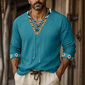 Herren Hemd Leinenhemd Wikinger-Stil Sommerhemd Strandhemd Einfarbig Urlaub Lässig Schwarz Weiß Grün Langarm V Ausschnitt Sommer Frühling Bekleidung Kordelzug