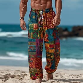 Men's Geometric Color Block Ethnic Trousers Casual Pants Baggy Pants Mid Waist Bohemian Vintage Retro Outdoor Vacation Elastic Drawstring Waist Linen-Like Pant