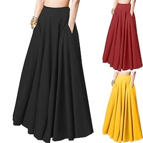 Women's Fashion Maxi Mid Rise Skirts Plain Pleated Pocket Micro-elastic Vacation Going out Black Yellow Red Summer