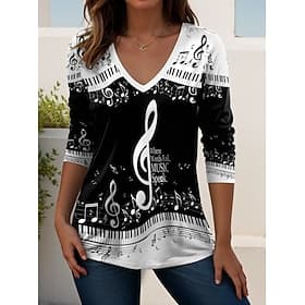 Music Festival Women's T shirt Long Sleeve V Neck Long Sleeve Tunic Graphic Music Vintage Stylish Classic Regular Tops Daily Going out Weekend Print Black and