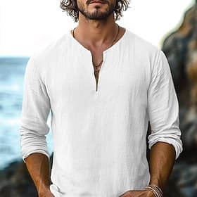 Homme Chemise Chemise en lin Chemise d'été Chemise de Plage Couleur Unie Vacances Occasionnel Noir Blanche Vert Kaki manche longue Col en V Été Printemps Vêtem