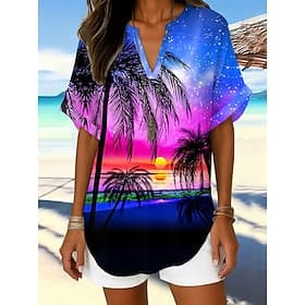 Women's Blouse Linen Like Breathable Lightweight Floral Graphic Leaf Elegant Bohemia Daily Short Sleeve Regular Tops Daily Holiday Yellow Pink Blue Summer Spri
