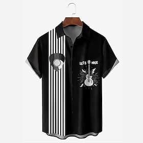Men's Boardmasters Striped Guitar Shirt Summer Shirt Button Up Shirt Short Sleeve Vintage Retro Outdoor Vacation Dailywear Summer Spring Turndown 3D Print Coll