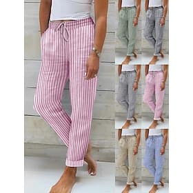 Women's Linen-feel Pants Summer Pants Pants Trousers Streetwear Casual Long High Waist Stripe Pocket Printing Elastic Drawstring Design Breathability Soft Micr