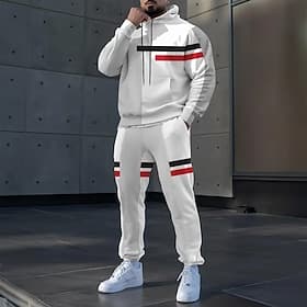 Homme Bloc de Couleur Rayures horizontales 2 pièces Ensembles de sweat-shirts 3D Survêtement Sweat à Capuche manche longue Pantalon long À capuche Sportif Déco