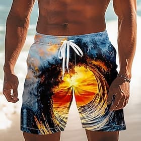 Men's Optical Illusion Ocean Sunset Swim Trunks Swim Shorts Board Shorts Mid Waist Streetwear Hawaiian Vacation Side Pockets Mesh Lining Elastic Drawstring Wai