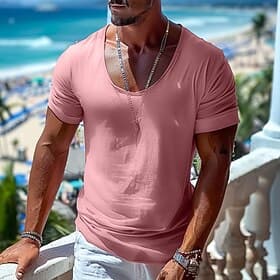 Herren Leinenähnliches T-Shirt Kurze Ärmel Rundhalsausschnitt Sommer Einfach Mode Designer Basic Weich Urlaub Straße Alltagstauglich Rosa Top T-Shirt für Herre